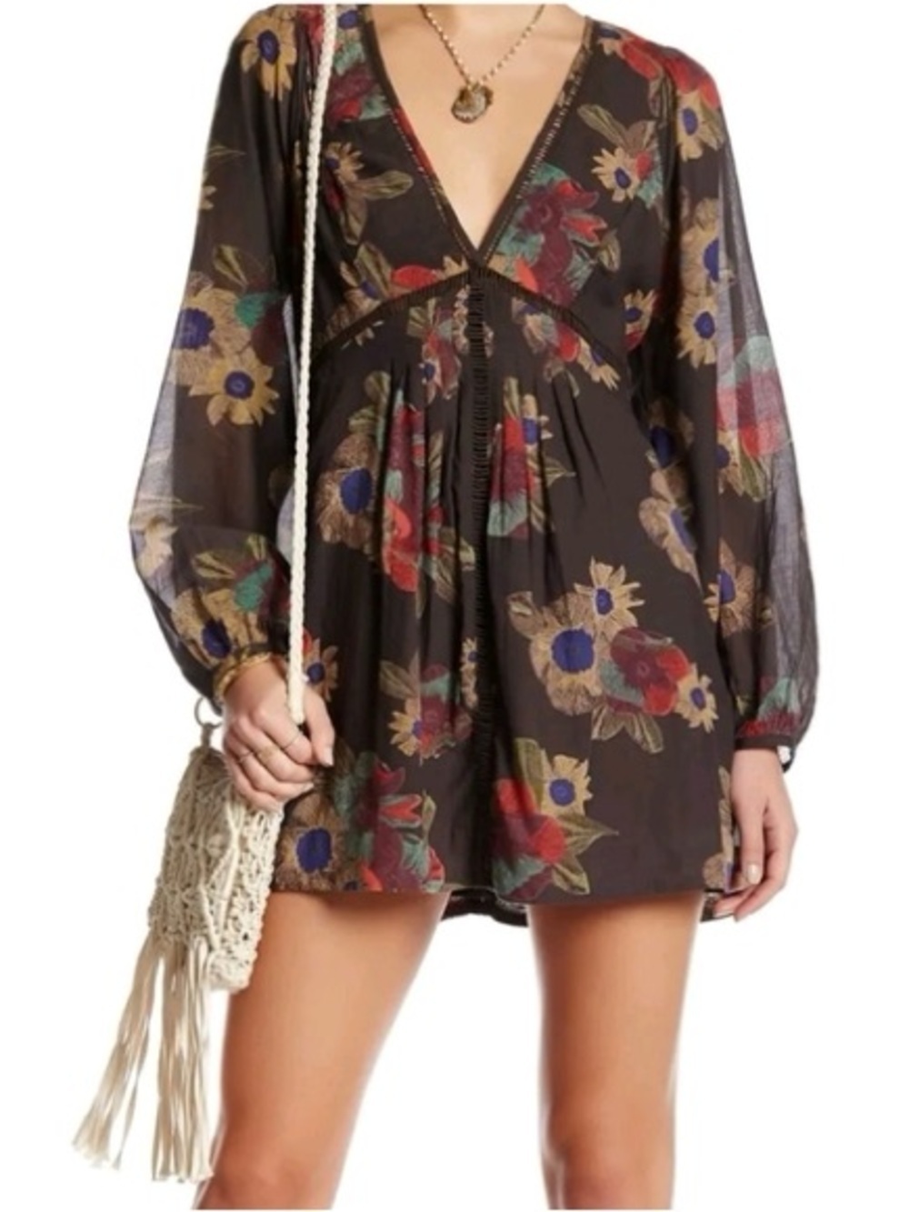 Free People Strawberry Fields Floral Balloon Sleeve V Neck Mini Dress Size S